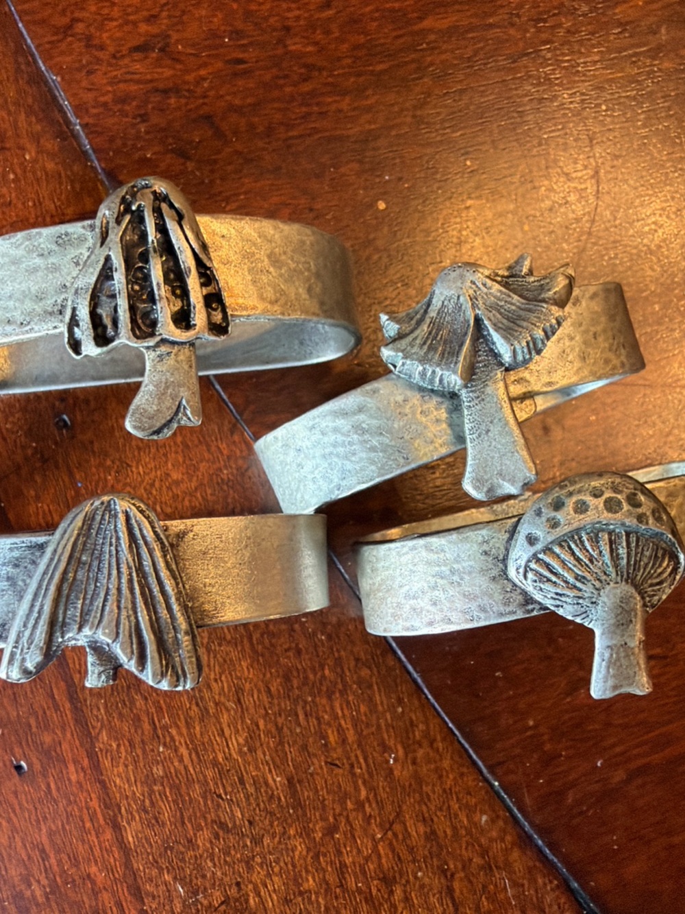 Vintage Mushroom Metzke Antiqued Pewter Napkin Rings Set of 4
